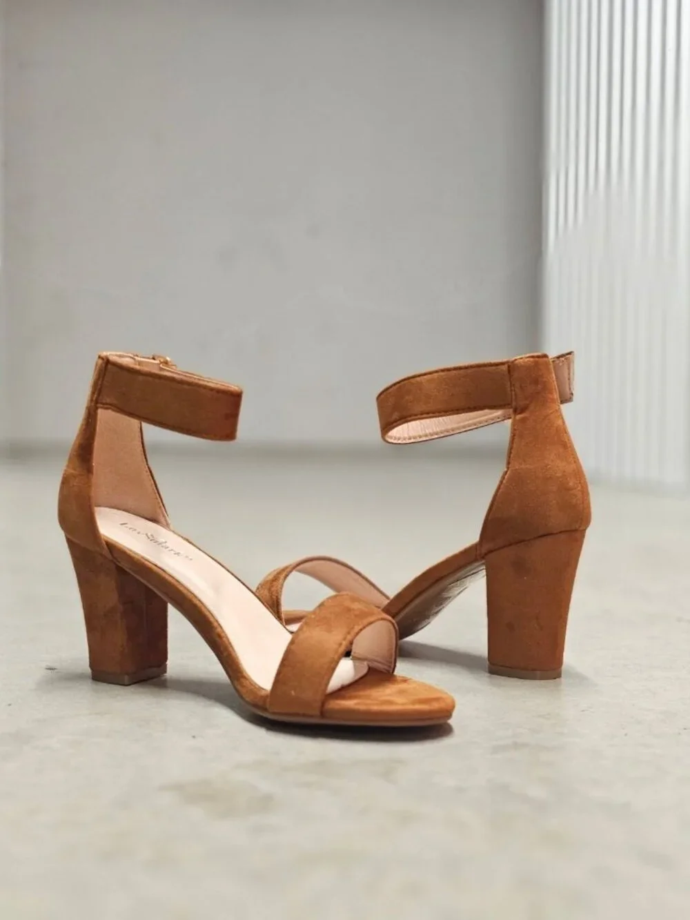 Tan Faux Suede Block Heel Sandals With Adjustable Ankle Strap Open Toe Design Wo